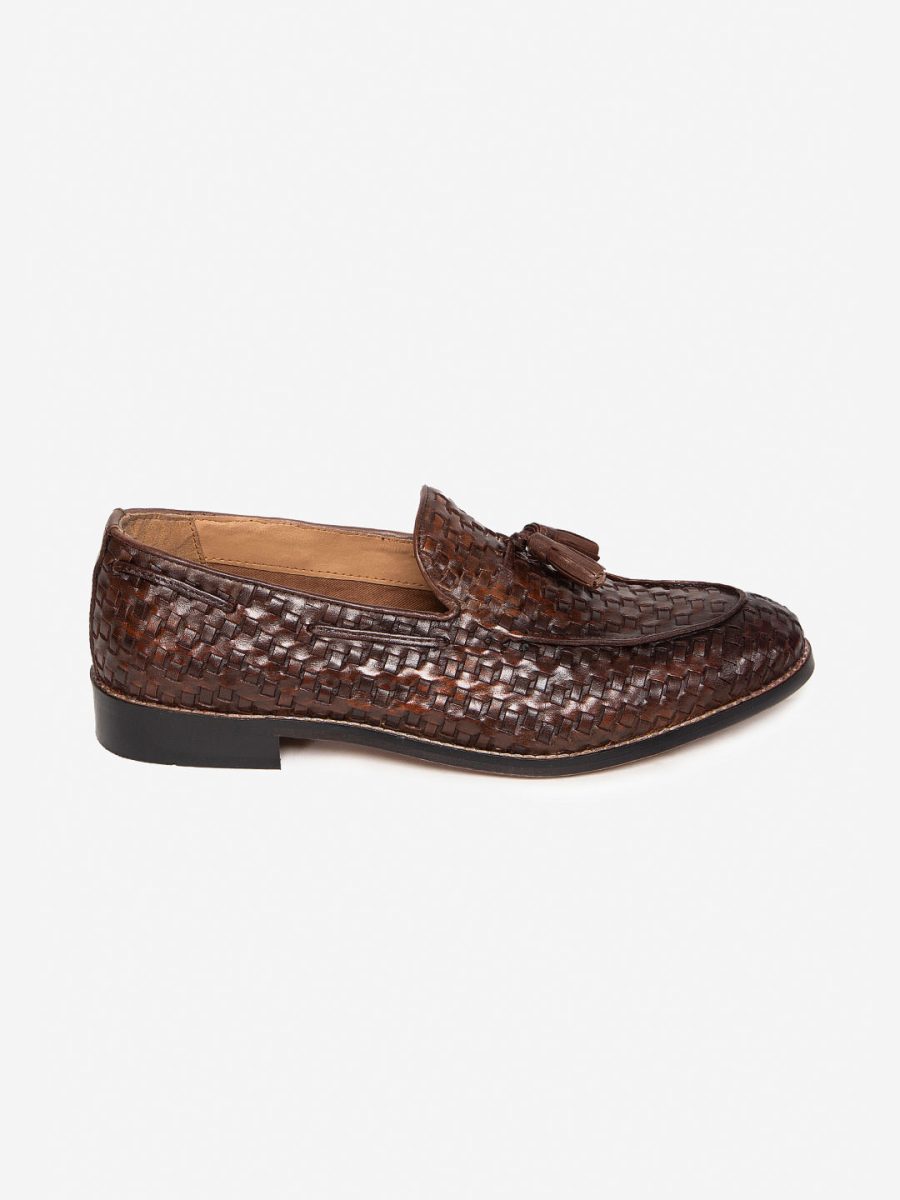 Buy Genuine Leather Brown Woven Tassel Loafers for Men