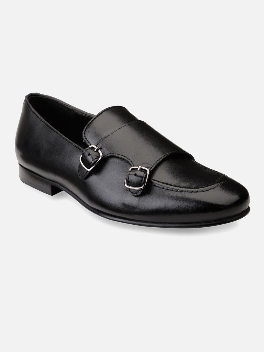 Buy Online Genuine Leather Black Double Monk Strap Loafers